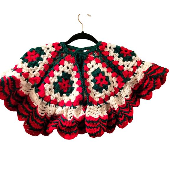 Vintage Crocheted Childrens Christmas Poncho Granny Square Shawl Handmade - Picture 1 of 8